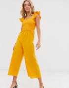 Asos Design Shirred Frill Sleeve Jumpsuit - Orange