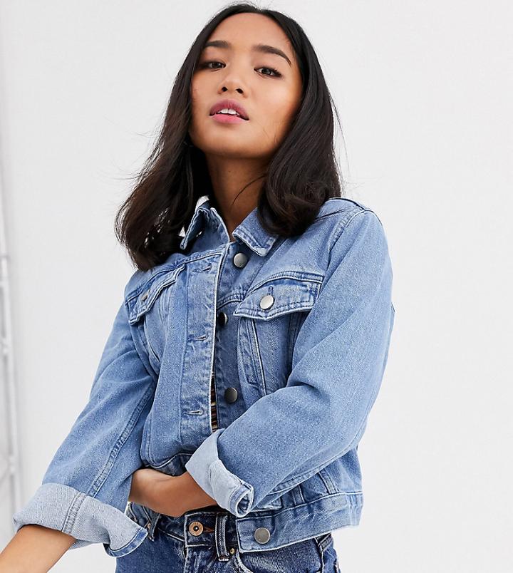 Asos Design Petite Denim Shrunken Jacket In Blue