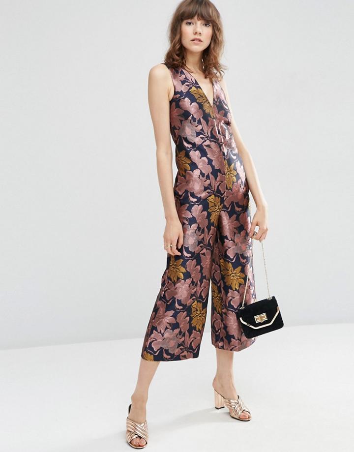 Asos Premium Floral Jacquard Jumpsuit - Metallic Floral