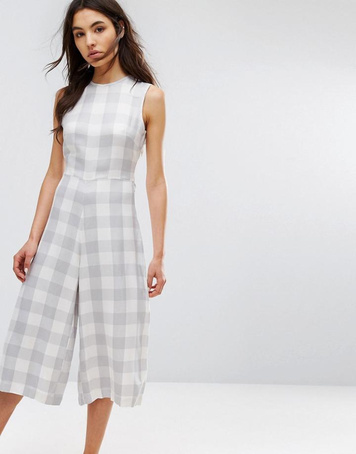 Native Youth Relaxed Jumpsuit With Tie Waist In Large Gingham - White
