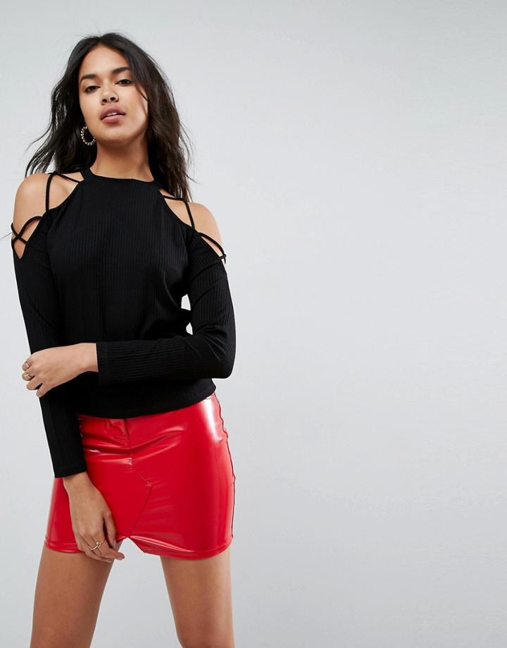 Asos Long Sleeve Top With Lattice Shoulder Detail - Black