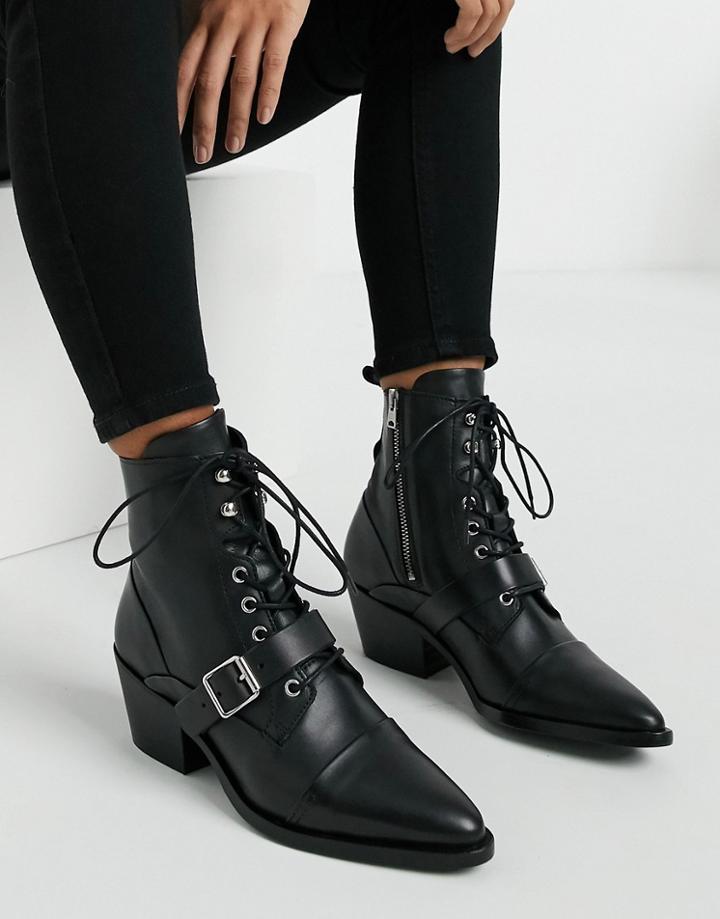 Allsaints Katy Lace Up Heeled Leather Boots With Buckle In Black
