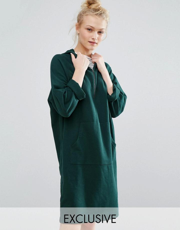 Monki Zip Neck Hoodie Sweat Dress - Green
