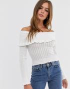 Asos Design Lace Bardot Sweater With Ruffle Detail
