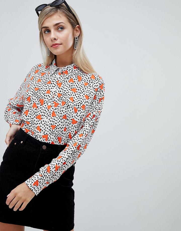 Asos Design Cropped Shirt In Heart Print - Multi