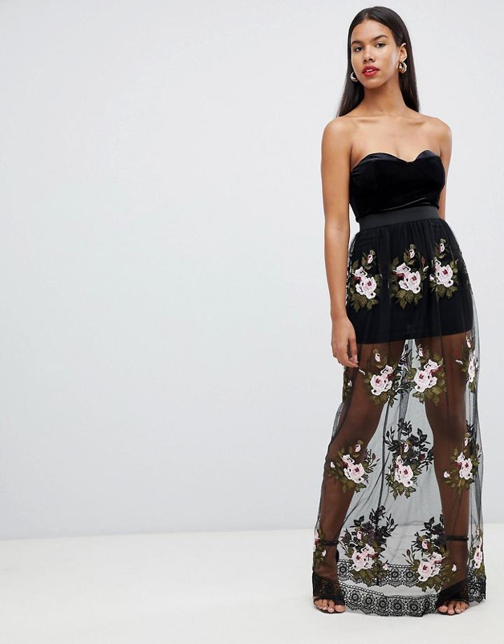 Rare London Lace Rose Maxi Dress - Black