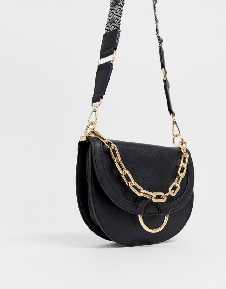 Aldo Bacabe Black Saddle Cross Body Bag With Woven Embroidered Strap