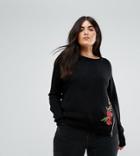 Brave Soul Plus Posy Embroidered Sweater With Zip Detail - Black