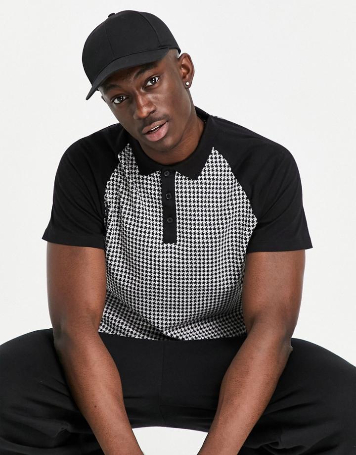 Asos Design Polo Shirt In All Over Dogtooth With Contrast Sleeves-black