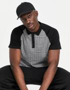 Asos Design Polo Shirt In All Over Dogtooth With Contrast Sleeves-black