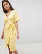Asos Design Linen Midi Pencil Dress With Kimono Sleeve - Yellow