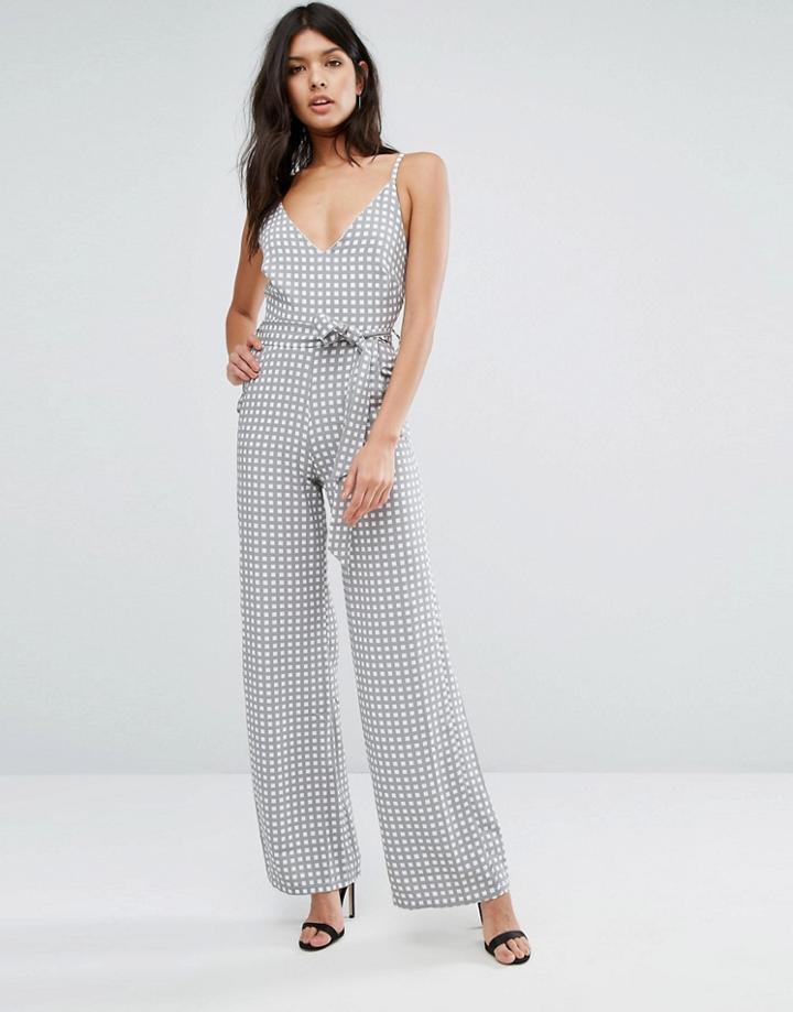 Oh My Love V Front Wide Leg Jumpsuit With Belt - Gray
