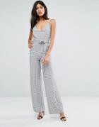 Oh My Love V Front Wide Leg Jumpsuit With Belt - Gray