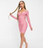Band Of Stars Bandage Long Sleeve Plunge Front Mini Dress In Rose-pink