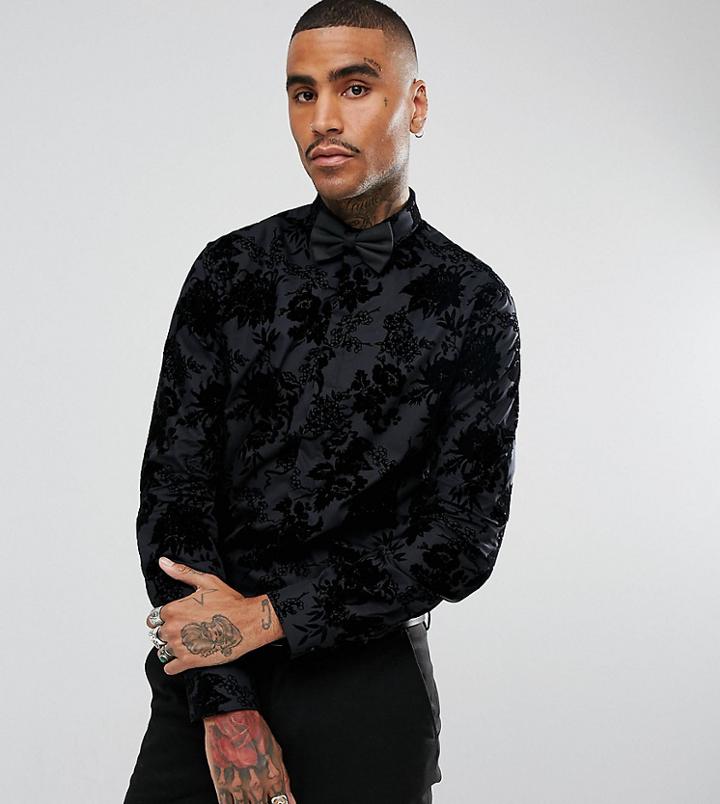 Noose & Monkey Skinny Smart Shirt With Flocking - Black