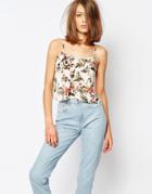 Lost Ink Cropped Cami Top With Lace Up Back Detail In Floral - Multi