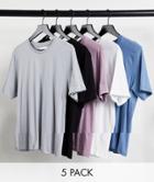 Topman 5 Pack Classic T-shirt In White Black Light Gray Dusty Pink And Dusty Blue-multi