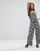 Asos Bandeau Jersey Jumpsuit With Wide Leg In Hawaiian Print - Multi