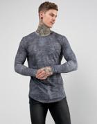 Religion Long Sleeve T-shirt With Curved Back Hem In Gray Texture - Gray