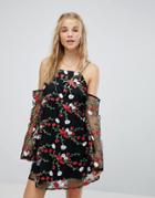 Kiss The Sky Cold Shoulder Swing Dress With Sheer Sleeves And Floral Embroidery - Black