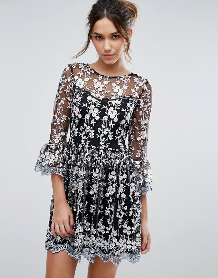 Lipsy Embroidered Skater Dress - Black