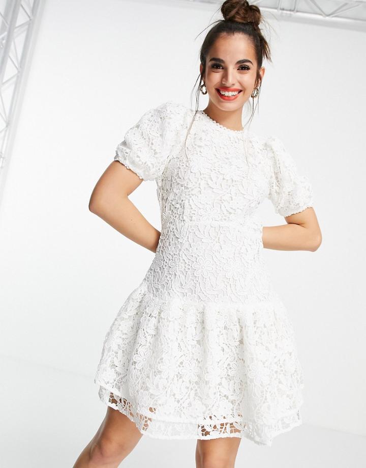 Miss Selfridge Lace Puff Sleeve Mini Dress In White