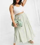 Asos Design Curve Midi Skirt With Gathered Detail In Sage-multi