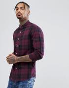 Asos Stretch Slim Poplin Check Shirt With Grandad Collar In Purple - Purple