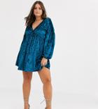 Asos Design Curve Long Sleeve Velvet Smock Dress-green