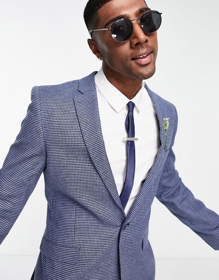 Asos Design Wedding Linen Mix Super Skinny Suit Jacket With Puppytooth Check In Deep Blue