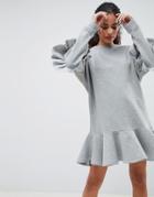 Asos Design Pep Hem Mini Sweat Dress With Frills - Gray
