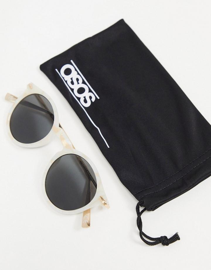 Asos Design Recycled Frame Round Sunglasses With Metal Arms In Pearlized Finish-white