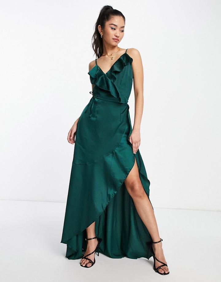 Little Mistress Ruffle Wrap Midaxi Satin Dress In Emerald-green