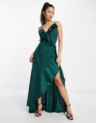 Little Mistress Ruffle Wrap Midaxi Satin Dress In Emerald-green