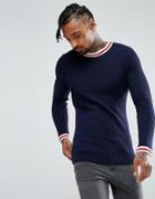 Asos Muscle Fit Ribbed Sweater With Tipping Detail In Navy - Navy