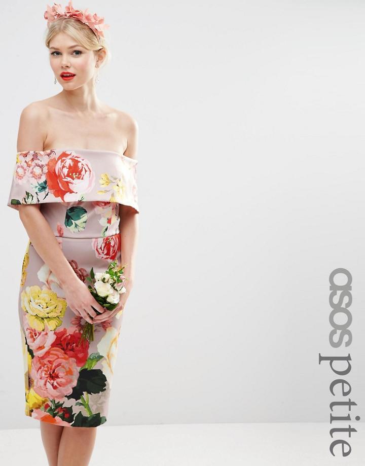 Asos Petite Wedding Printed Bardot Off The Shoulder Hitchcock Midi Pencil Dress - Multi