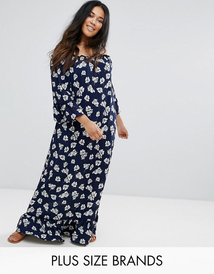 Rage Plus Off Shoulder Maxi Dress In Floral Print With 3/4 Sleeve - Navy