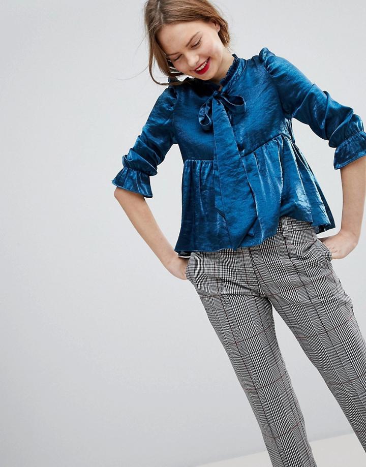 Sister Jane Pussybow Blouse With Ruffle Shoulder In Metallic Fabric - Blue