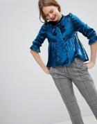 Sister Jane Pussybow Blouse With Ruffle Shoulder In Metallic Fabric - Blue