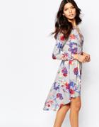 Love High Low Dress With Deep Plunge Front - Red Print Blue