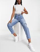 River Island Mom High Rise Ripped Jean In Medium Denim-blues