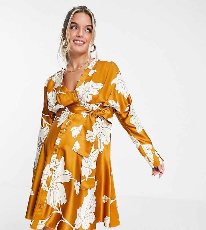 Asos Design Maternity Satin Batwing Mini Dress With Button Front Detail And Tie Front In Mustard Floral Print-multi