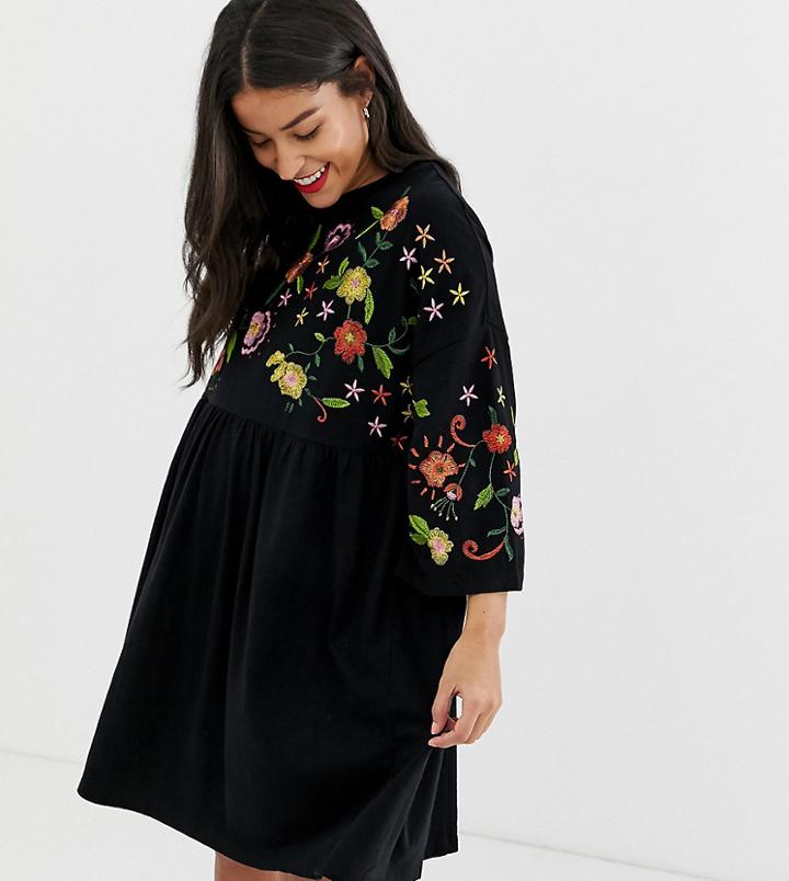 Asos Design Maternity Embroidered Smock Dress-black