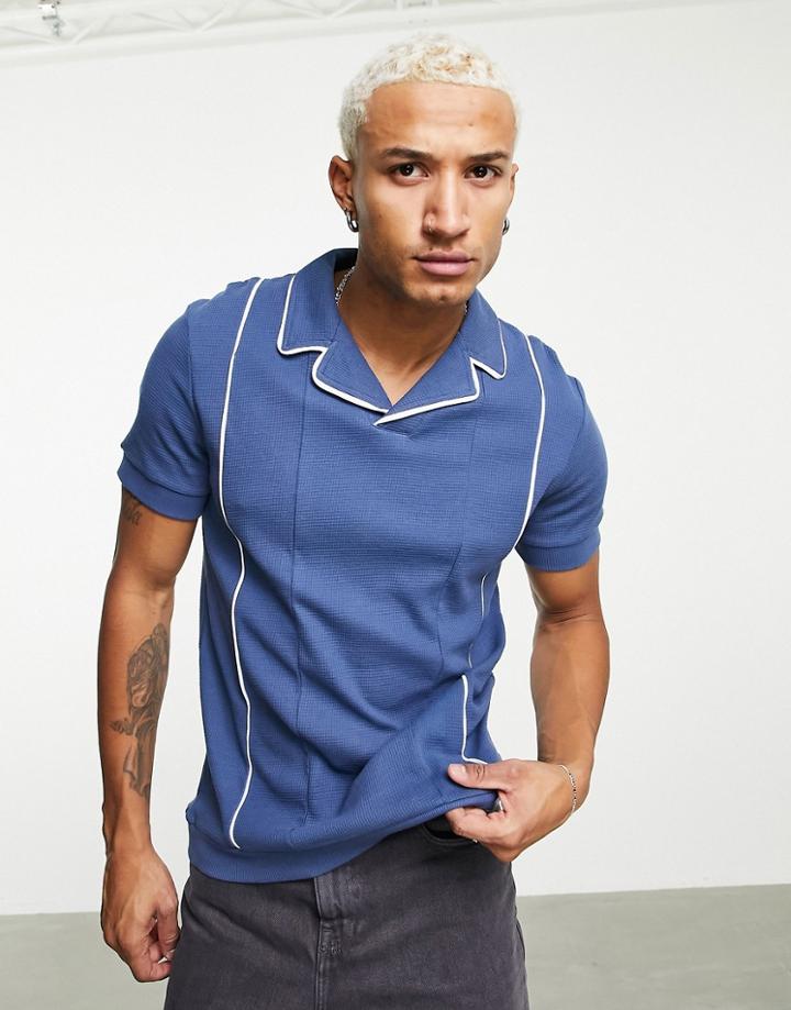 Asos Design Cut-and-sew Waffle Polo In Blue With White Contrast Tipping-blues