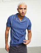 Asos Design Cut-and-sew Waffle Polo In Blue With White Contrast Tipping-blues