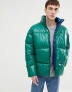 Asos Design Puffer Jacket In High Shine In Emerald - Green