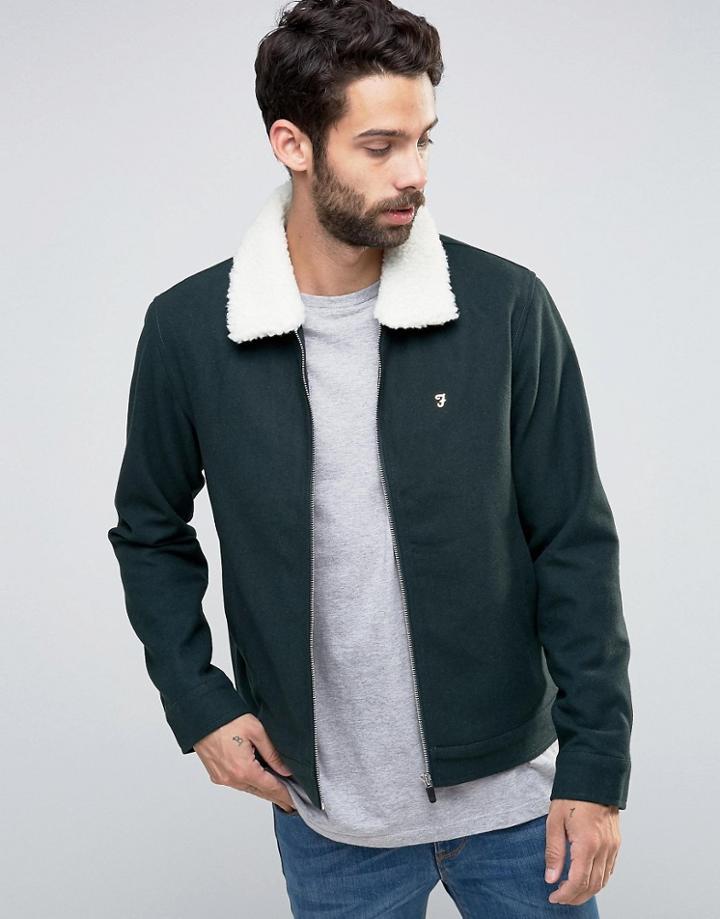 Farah Bomber Jacket With Fleece Collar In Green Wool - Green