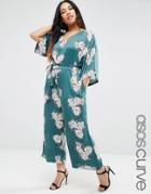 Asos Curve Belted Jumpsuit With Kimono Sleeve In Floral Print - Multi