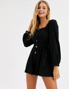 Asos Design Button Front Tie Waist Puff Sleeve Romper With Long Sleeves - Black