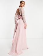 Tfnc Bridesmaids Chiffon Maxi Dress With Lace Scalloped Back And Long Sleeves In Mauve-pink